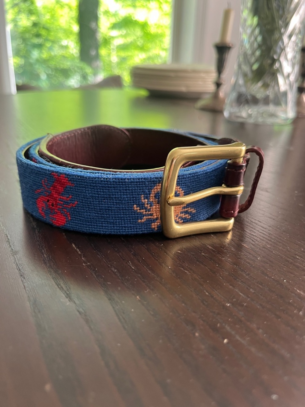 Tucker Blair handmade Blue Needlepoint Crab lobster Belt with Brass Buckle Sz 40
